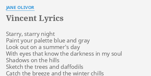 Vincent Lyrics By Jane Olivor Starry Starry Night Paint